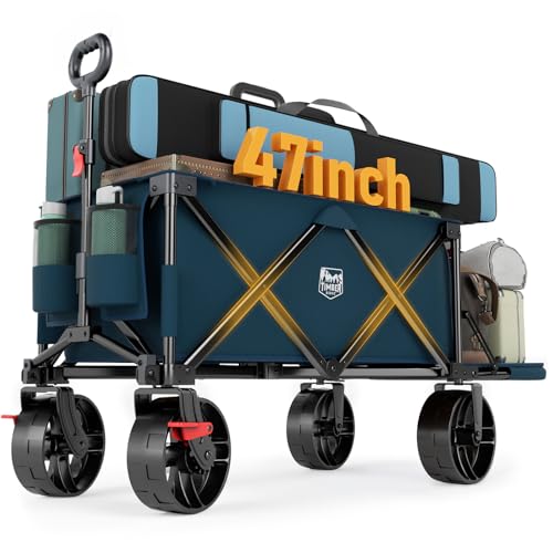 Timber Ridge Beach Wagon with Tailgate, 300 lbs Heavy Duty Collapsible Wagon with All-Terrain Big Brakes Wheels, Foldable Utility Cart for Sand Sports Shopping, Blue - color: Blue