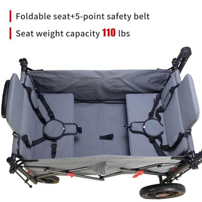 TMZ Collapsible Wagon with 2 Foldable Seats, Folding Cart with Removable Canopy, Heavy Duty Wagon 265LBS Load Capacity for Camping Garden Shopping (Grey) - color: Gray