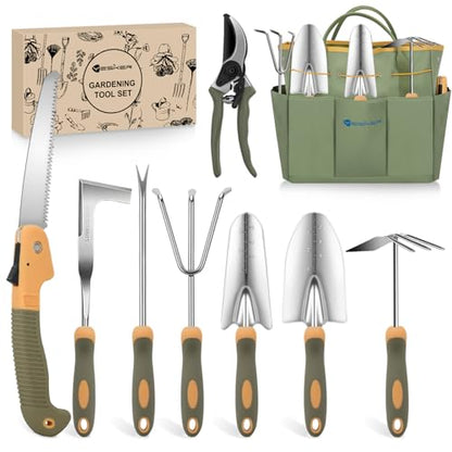 Yesker Gardening Tools 9-Piece Heavy Duty Garden Tool Set Gardening Supplies Gifts for Women Men Gardening Hand Tool Kit w Non-Slip Ergonomic Rubber Handle, Durable Garden Bag, Pruning Shears, Green - size: 9PCS Yellow Green