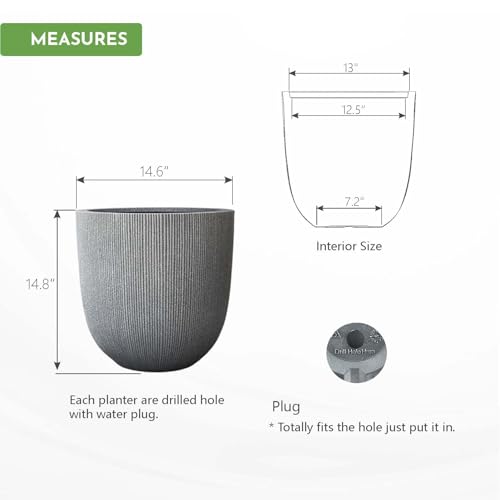 14.8"H Tall Tapered Ribbed Large Plastic Planter w/ Drainage Hole & Plug - color: Mediterranean Gray., size: 14.8in