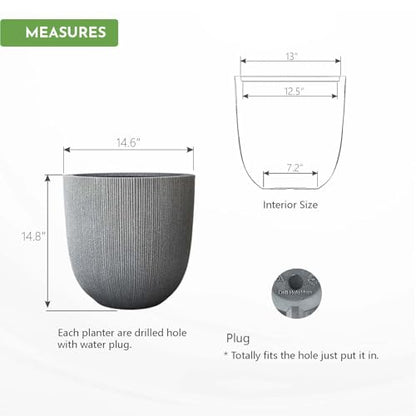 14.8"H Tall Tapered Ribbed Large Plastic Planter w/ Drainage Hole & Plug - color: Mediterranean Gray., size: 14.8in