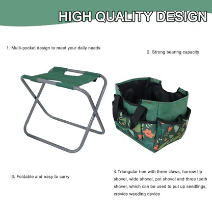 Folding Gardening Stool with Detachable Storage Tote Bag, Multifunctional Gardening Tools Set Organizer for Fishing and Camping,Portable Garden Chair Seat for Adults (Green Flower)