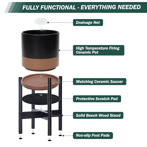 D'vine Dev Ceramic Pot with Ebony Wood Stand, Black/Tan, 8 in, 55-B-M-7 - color: Black/Speckled Tan Pot + Ebony Stand, size: 8 Inch