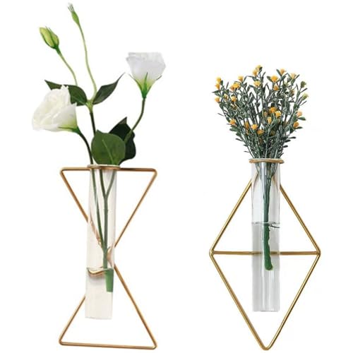 2 Pack IvyMei Luxurious Nordic Gold Wall Vase Metal Frame Glass Tube - color: Gold 11
