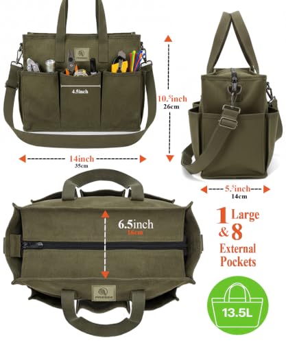 Garden Tool Bag, 9-Pocket Gardening Organizer Tote with Shoulder Strap, Heavy Duty Green Tool Bag