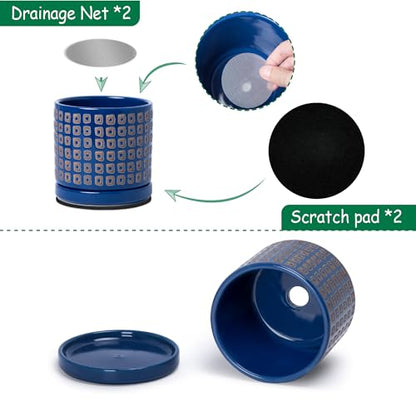 D'vine Dev Set of 2 Ceramic Planter Pots with Drainage Hole and Saucer, 4.5 Inch Plant Pots for Plants Indoor Houseplants, Blue, 99-Z-A-6-V - size: 4", style: Geometric Blue