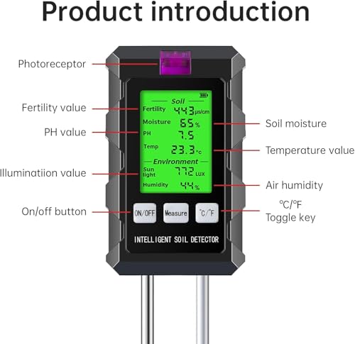 6-in-1 Soil Moisture Meter with Moisture/pH/Temperature/Sunlight/Air Humidity/Fertility, Soil Tester for Farming, Gardening and Outdoor Plants (2*AAA Battery Needed)| Factory-Permanent Calibration