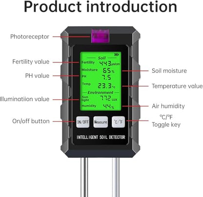 6-in-1 Soil Moisture Meter with Moisture/pH/Temperature/Sunlight/Air Humidity/Fertility, Soil Tester for Farming, Gardening and Outdoor Plants (2*AAA Battery Needed)| Factory-Permanent Calibration