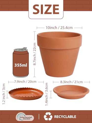 INGOFIN Terracotta Pot Set of 2 with Saucer - 10 Inch Ceramic Clay Pot for Plants with Drainage Hole, Large Terra Cotta Flower Planter with Tray for Indoor Outdoor Plants - size: 10/10 inch -2 pcs