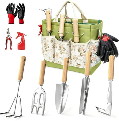 Garden Tools Set, 9-Piece Heavy Duty Gardening Tools with Clear Pocket Tote Bag, Stainless Steel Garden Hand Tools for Digging, Planting, Weeding and Pruning, Durable Gardening Kit - style: bright green
