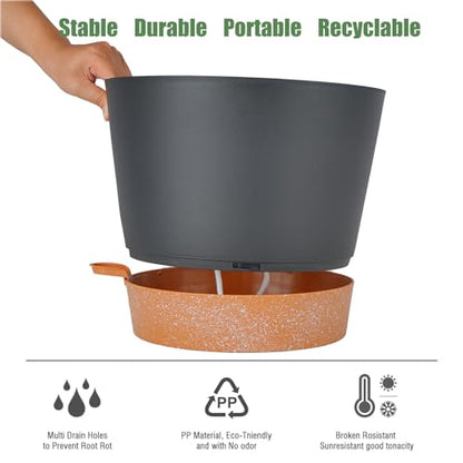 SwinDuck 12inch Large Self Watering Plant Pot, Plastic Cylinder Planter with 60Oz Deep Reservoir and Saucer for Indoor Outdoor Plants Flowers Houseplants, Black with Brown - color: Black With Brown