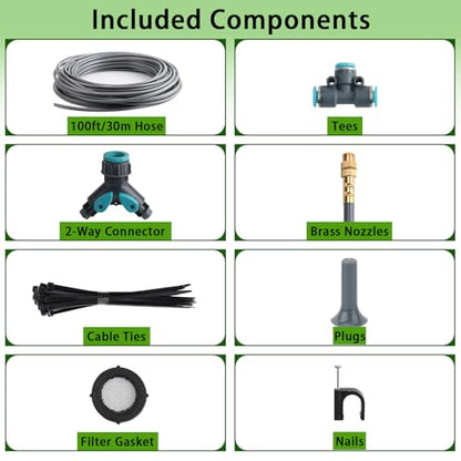 100FT 1/4" Quick-Connect Drip Irrigation System Kit, Automatic Garden Watering System with 16 Pcs Adjustable Spray Nozzles for Garden, Greenhouse, Yard, Lawn - size: 100FT