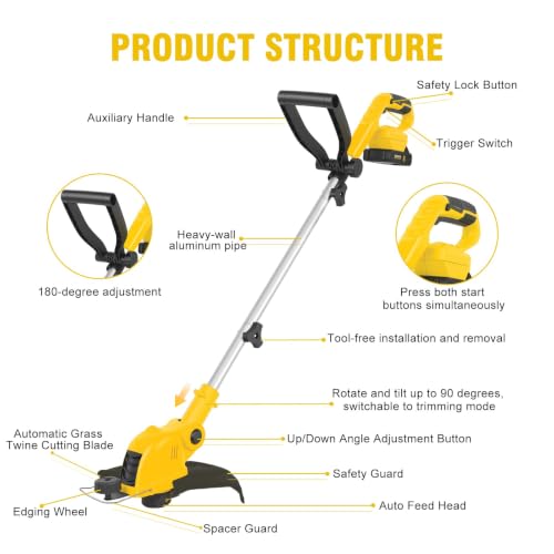 21V Electric Weed Wacker, Auto Line Feed High-Torque Motor - color: Yellow