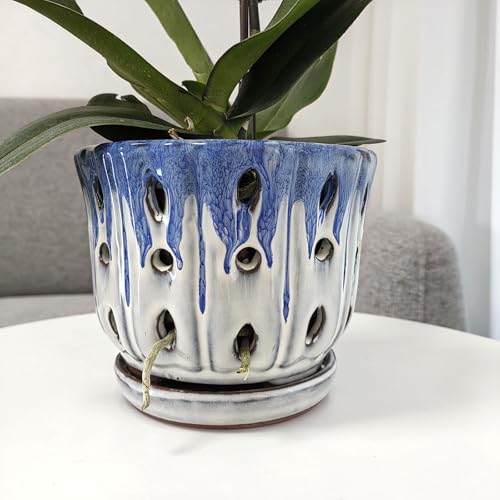 Ceramic Orchid Pot with Drainage Hole 6'' Orchid Planter (Blue Cover White) - color: Blue Over Cream