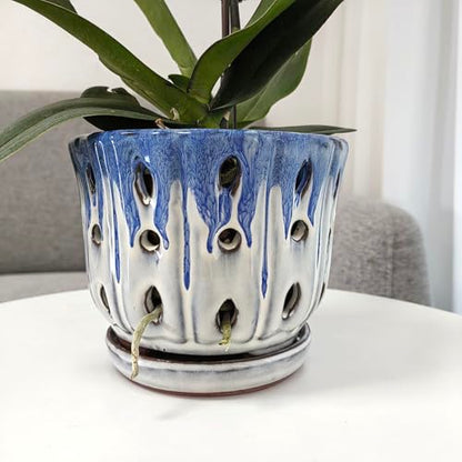 Ceramic Orchid Pot with Drainage Hole 6'' Orchid Planter (Blue Cover White) - color: Blue Over Cream