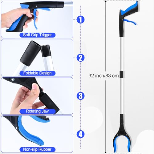 12 Pack 32 Inch Commercial Trash Grabber for Elderly Assist, Foldable - color: Blue