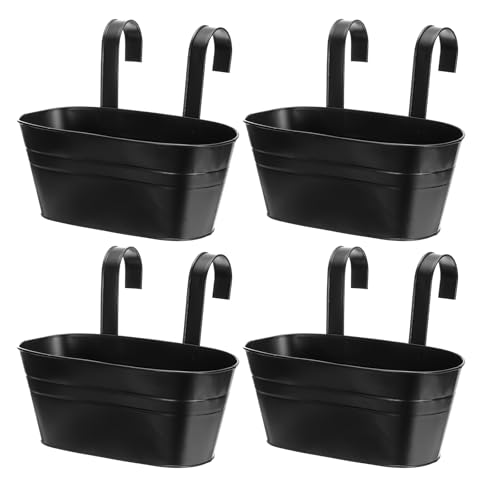 uxcell Rail Planter for Outdoor Plants, 4 Pcs 11" Iron Wall Hanging Planters Fence Railing Balcony Planters with Drainage Holes and Detachable Hooks, Black - color: Black
