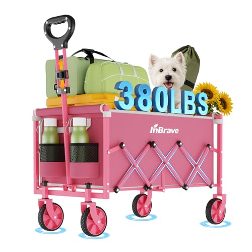 Collapsible Wagon Cart with All-Terrain Wheels, 380LBS Capacity - color: Pink