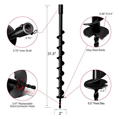 LONGRUN Post Hole Digger 0.79"(20mm) Inner Shaft Head Earth Auger Drill Bit, Fence Hole Digger Solid Spiral Augers, Garden Hole Digging Drill Bit for Planting Trees, Bulb, Earth Burrowing-2" x 31.5" - color: Black, size: 2 Inch