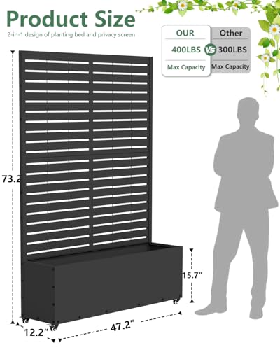 2PCS Metal Planter Box with Trellis,70.9"x47.2"x15.7" Raised Garden Bed with Drainage Holes, Privacy Planters for Outdoor, Garden Bed for Climbing Plants,Vegetables,and Vines, Black-louvered - color: Black, size: 2pc