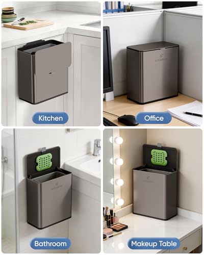 Kitchen Compost Bin, 10L/2.6G Trash Can with Lid, Slim Stainless Steel Hanging Garbage Bin for Kitchen, Bathroom, Bedroom, Office, Wall Mounted Compost Bin with Inner Bucket,Titanium Grey - size: 10L-Titanium Grey