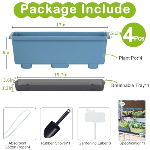 Window Box Planter 4 Packs, 17 Inches Rectangle Flower Pots with Drainage Holes & Trays, Pots for Vegetables, Herbs, Flowers, Garden Windowsill Balcony (Blue, 17 * 5.1 * 6 inch) - color: Blue