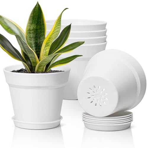 T4U Plant Pots 7.5 Inch 6 Pack, Plastic Flower Pots Indoor Drainage, White - color: White, size: 7.5 inch