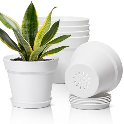T4U Plant Pots 7.5 Inch 6 Pack, Plastic Flower Pots Indoor Drainage, White - color: White, size: 7.5 inch