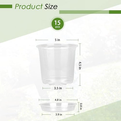 FUIJOL 5 Inch Clear Nursery Pots for Plants with Sacuers 15 Pack, Plastic Flower Pots with Drainage Holes, Variety Pack Seedlings Garden Pot for Indoor Outdoor (5 inch) - size: 5 inch