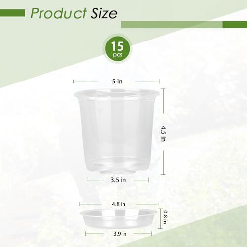 FUIJOL 5 Inch Clear Nursery Pots for Plants with Sacuers 15 Pack, Plastic Flower Pots with Drainage Holes, Variety Pack Seedlings Garden Pot for Indoor Outdoor (5 inch) - size: 5 inch
