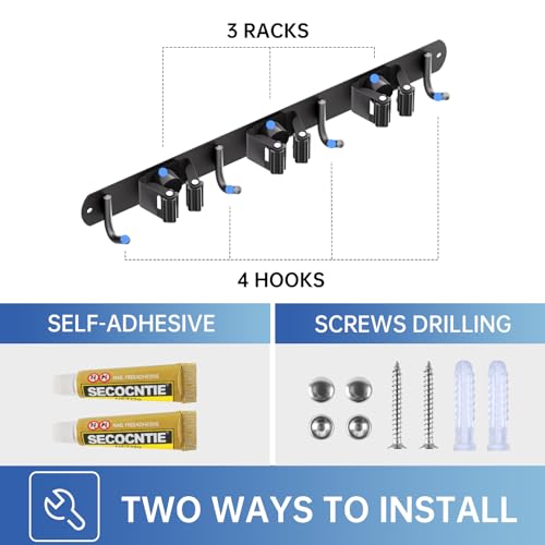 ZONGOOL 2 Pack Mop Broom Holder Wall Mount 3 Racks 4 Hooks Storage Black - color: Black, size: 2Pack 3R4H