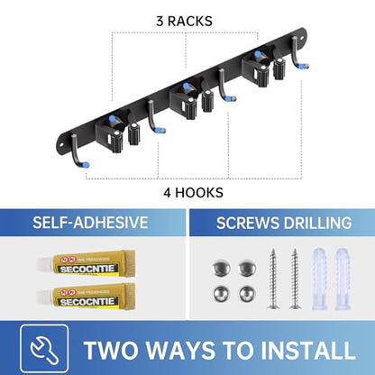 ZONGOOL 2 Pack Mop Broom Holder Wall Mount 3 Racks 4 Hooks Storage Black - color: Black, size: 2Pack 3R4H