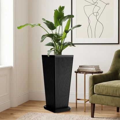 24" Tall Black Planters for Outdoor Plants with Tray Set of 2 Resin - color: Black-smooth
