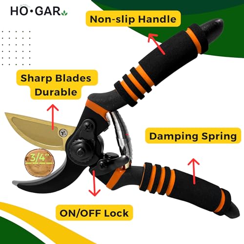 HO.GAR Premium Titanium Bypass Pruning Shears Kit: Heavy Duty Professional Hand Pruners, Gardening Scissors, Ergonomic Secateurs. Includes Blade and Spring Replacement + Pouch + Carabiner