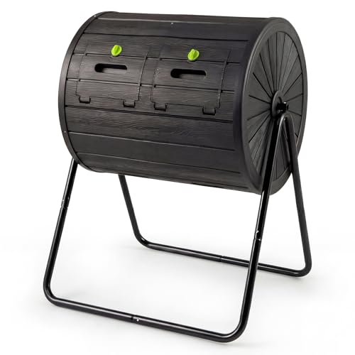 Goplus Compost Tumbler, 37.5 Gallon Large Outdoor Compost Bin w/Dual Chambers, 2 Lockable Doors, Efficient 360° Rotating Batch Composter for Garden Yard Farm Waste, Easy Assembly, BPA-Free (Black) - color: Black, size: 37.5 Gallon