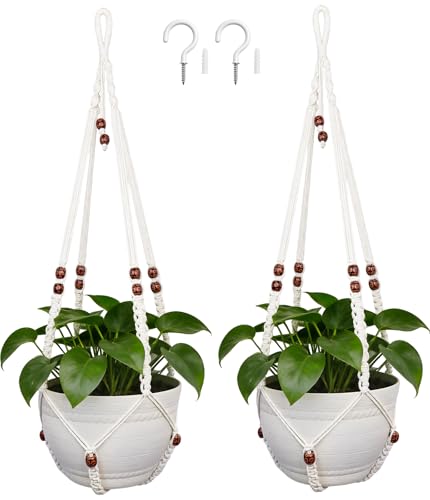 35 Inch Macrame Plant Hanger, Large for up to 15 Inch Pot Extra Long Hanging Planter Holder Basket with Wood Beads for Indoor Outdoor Home Decor (Ivory, 2-Pack) - color: Ivory, size: 2-Pack