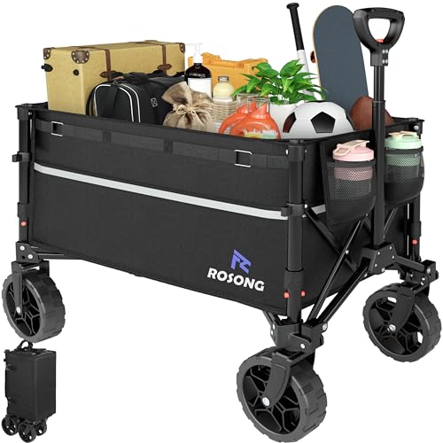 ROSONG Collapsible Wagon Cart with Wheels Foldable - Folding Utility Heavy Duty Wagons Carts for Grocery Sports Garden Shopping Camping Wheelbarrows (Black, 120L) - color: Black, size: 120L