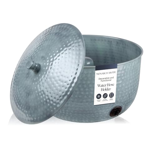 Monarch Abode Garden Hose Holder with Lid – Decorative Water Hose Holders for Outside, Hand Hammered Metal Patina Pot with Drainage, 100ft Waterhose Holder for Outside, Garden Storage Caddy - color: Patina