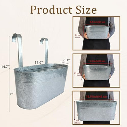 2 Pack 17" Galvanized Hanging Railing Planters with Hooks and Drainage - size: 17 Inch