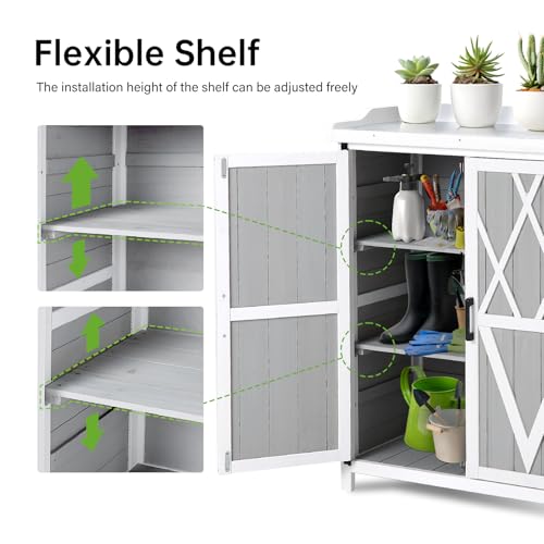 Outdoor Cabinet with Metal Tabletop Garden Potting Bench Table - Outdoor Garden Patio Wooden Storage Cabinet with Adjustable Shelf, Wooden Storage Cabinets, Weatherproof for Garden Patio Lawn