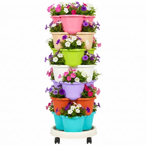 VECELO 7 Tier Vertical Garden Planter, Self Watering Stackable Planters with Wheels for Strawberries, Herbs, Flowers, Vegetables, Multicolor - color: Multicolor, size: 7 Tier