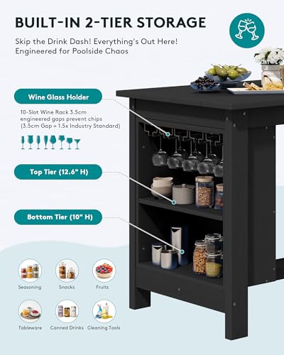 SERWALL 3-Piece Outdoor HDPE Counter-Height Bar Set with 2 Stools, Black - color: Black, size: 3 Piece Bar Set