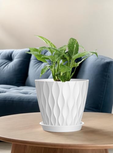 Set of 6 Plant Pots 4 inch Pots, Plastic Planters with Drainage Holes and Saucers,Plastic Flower Pots,Nursery Planting Pot for Indoor Out Door Plants（White） - color: White