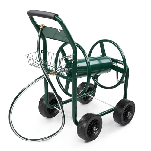 VINGLI 300FT 4-Wheel Garden Hose Reel Cart with Storage Basket, Portable Residential Hose Reel Cart, Lawn Watering, for Garden Backyard and Farm (Green) - color: Green 300ft- 4 Wheel