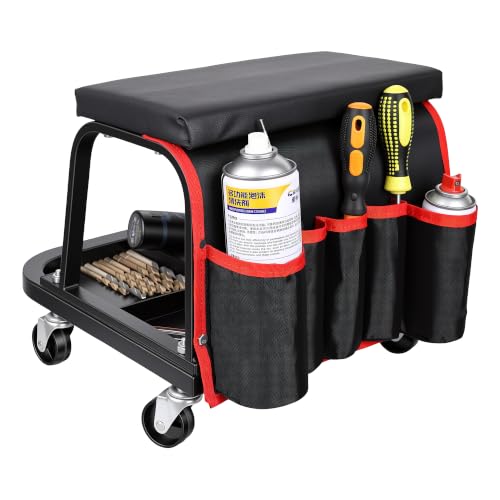 Rolling Mechanic Garage Stool on Wheels with Side Pockets, Black - color: Black