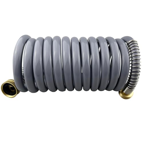 Darnassus Garden Hose, Green PU Curly Water Hose with Brass Connectors,Watering Hose Coil,Retractable,Corrosion Resistant Garden Coil Hose (Grey, 10 FT) - color: Gray, size: 10 FT