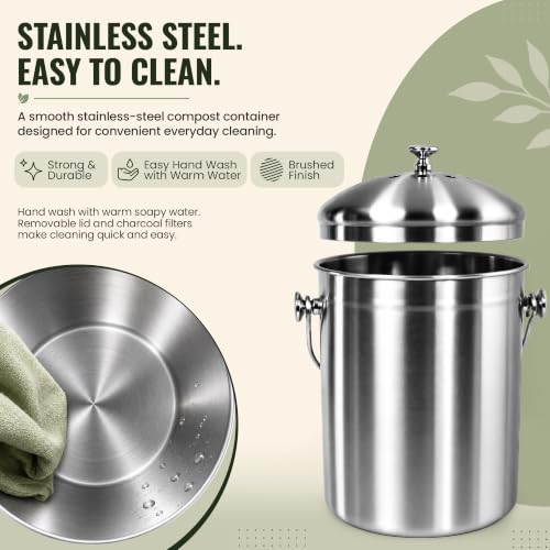 Epica Kitchen Compost Bin for Kitchen Countertops, 1.3 Galllon - Silver - color: silver