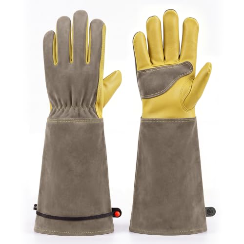 Aegend Long Gardening Gloves, Waterproof Cowhide Leather, Elbow-Length Gauntlet Cuff, Breathable & Flexible for Rose Pruning, Planting & Weeding, Fit for Small Hands (Gray, Waterproof M) - color: Gray, size: Medium