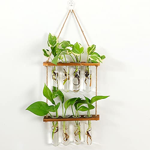 Hiuxume 2 Tiered Wall Hanging Planter, Wooden Stand with Glass Planter Test Tube Vase for Hydroponic Plant Propagation, Perfect for Indoor and Outdoor Decor - color: Retro Color
