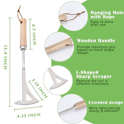 Crack Weeder, 13.4" Stainless Steel Crevice Weeding Tool with Wood Handle, L-Shaped Side-Walk Weed Puller Spatula, for Garden Lawn Yard Patio Terrace Paving Moss, Small Gardening Tool - size: 13.4" Crack Weeder